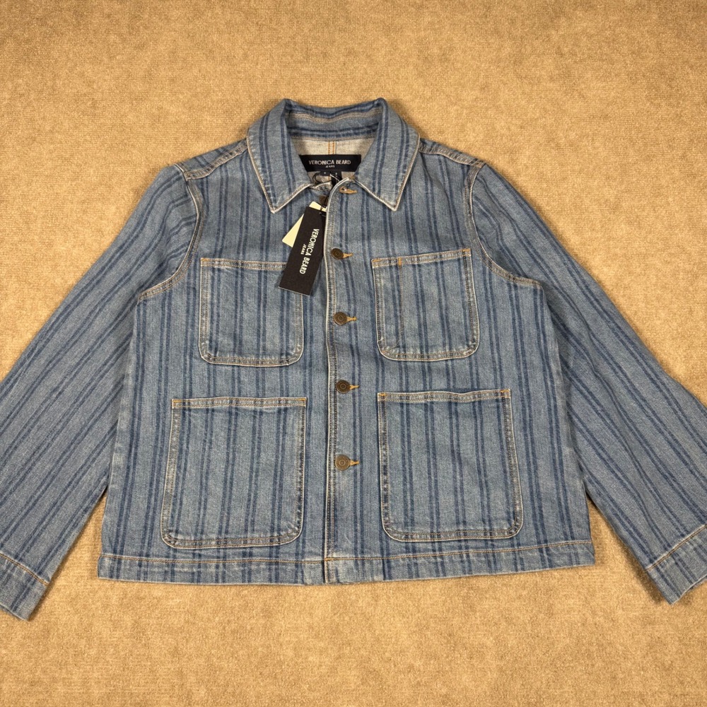 Veronica Beard Womens Jacket Sapphire Blue Size M Dahl Striped Denim Chore